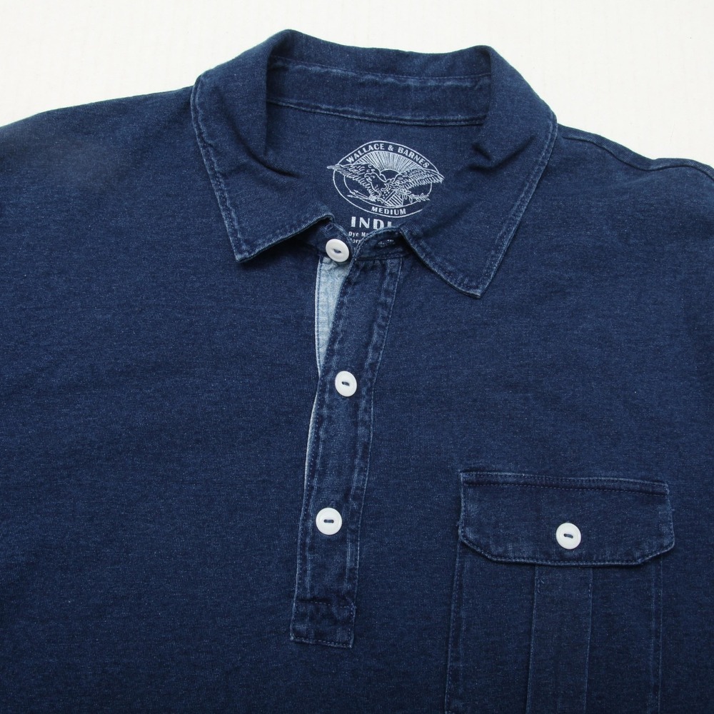 Wallace & Barnes Polo Shirt Mens M Blue Indigo Pocket Tagless 100% Cotton